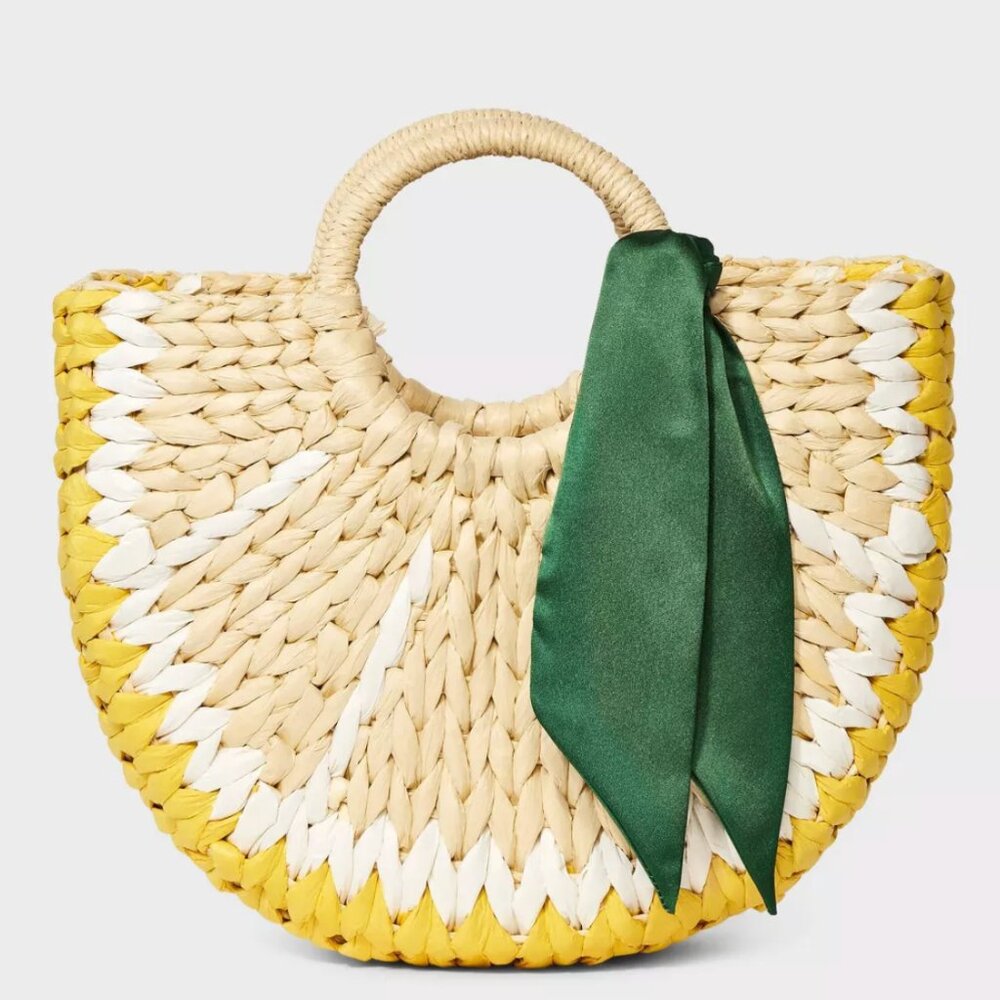 a new day Natural Straw Tote with Yellow & White Trim and Green Scarf
